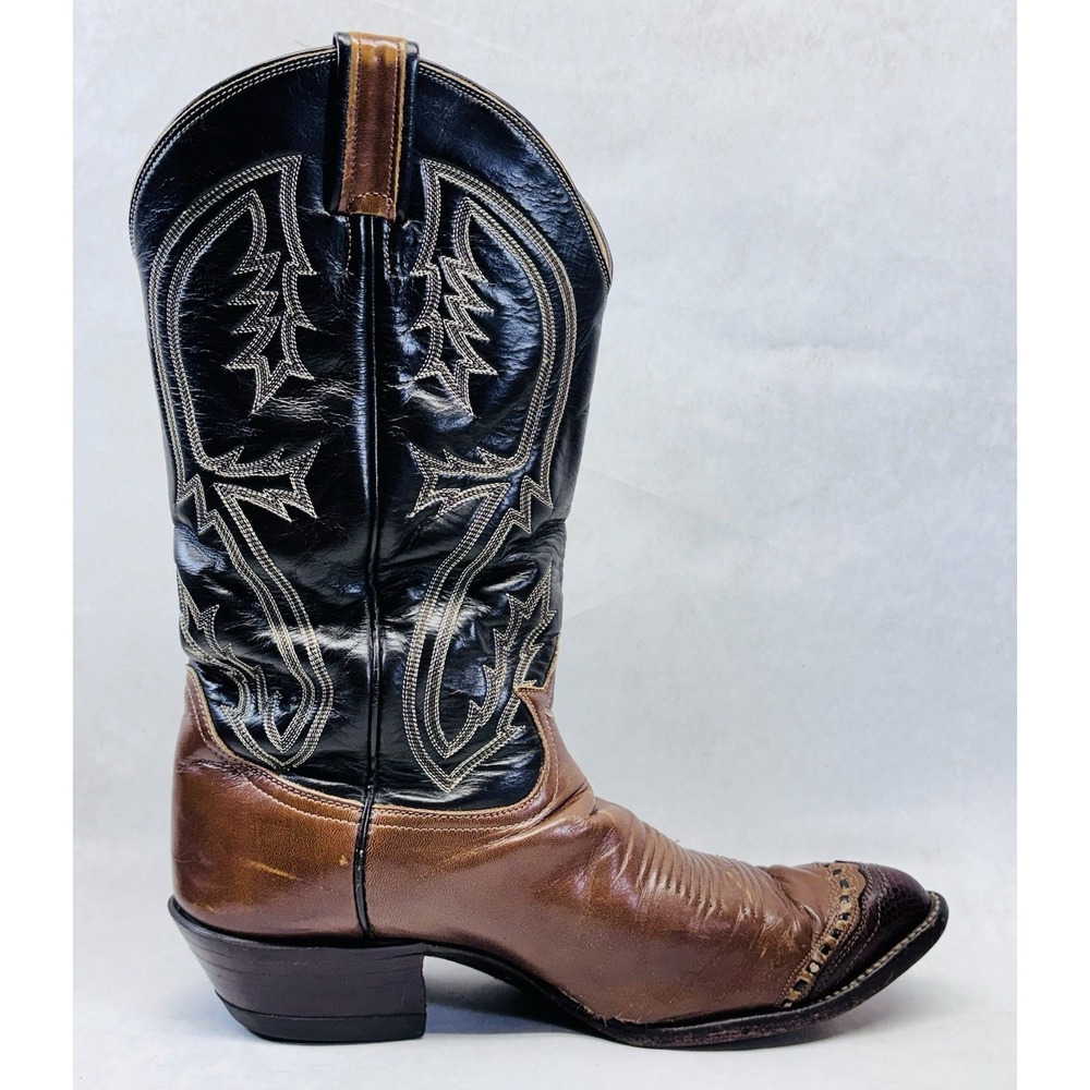 Tony Lama Two Tone Cowboy Boots 8.5D Brown Black Lizard Toe Vintage As Is - Picture 7 of 14